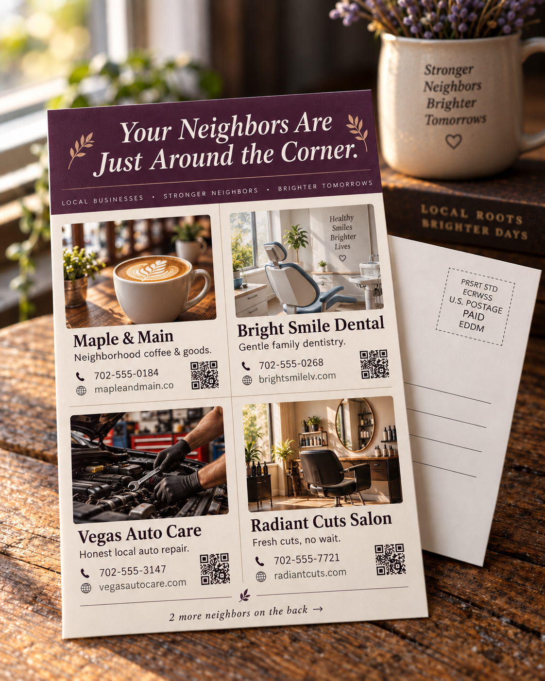 The open front of a real sample shared postcard: four neighboring businesses, each with its own photo, phone number, web address, and QR code