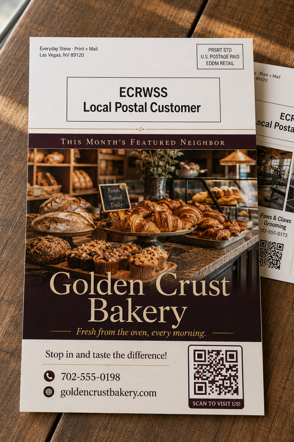 The mailing side of the same sample postcard: the required USPS address panel alongside one Featured business's larger spot
